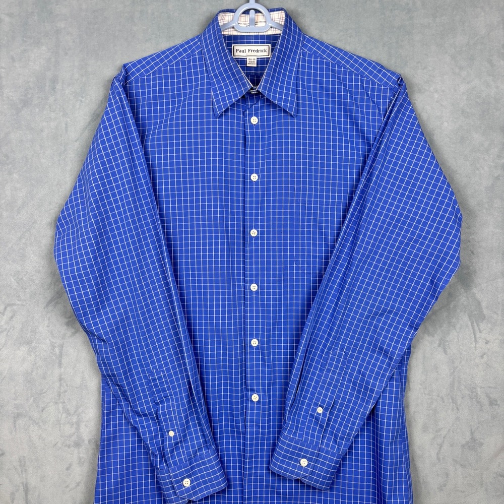 Paul Fredrick Mens Blue White Graph Check Trim Fit Cotton Dress Shirt 15.5 35